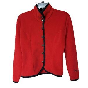 Obermeyer Fleece Jacket Womens Small Red Heart Button Up Black Velvet Collar Ski